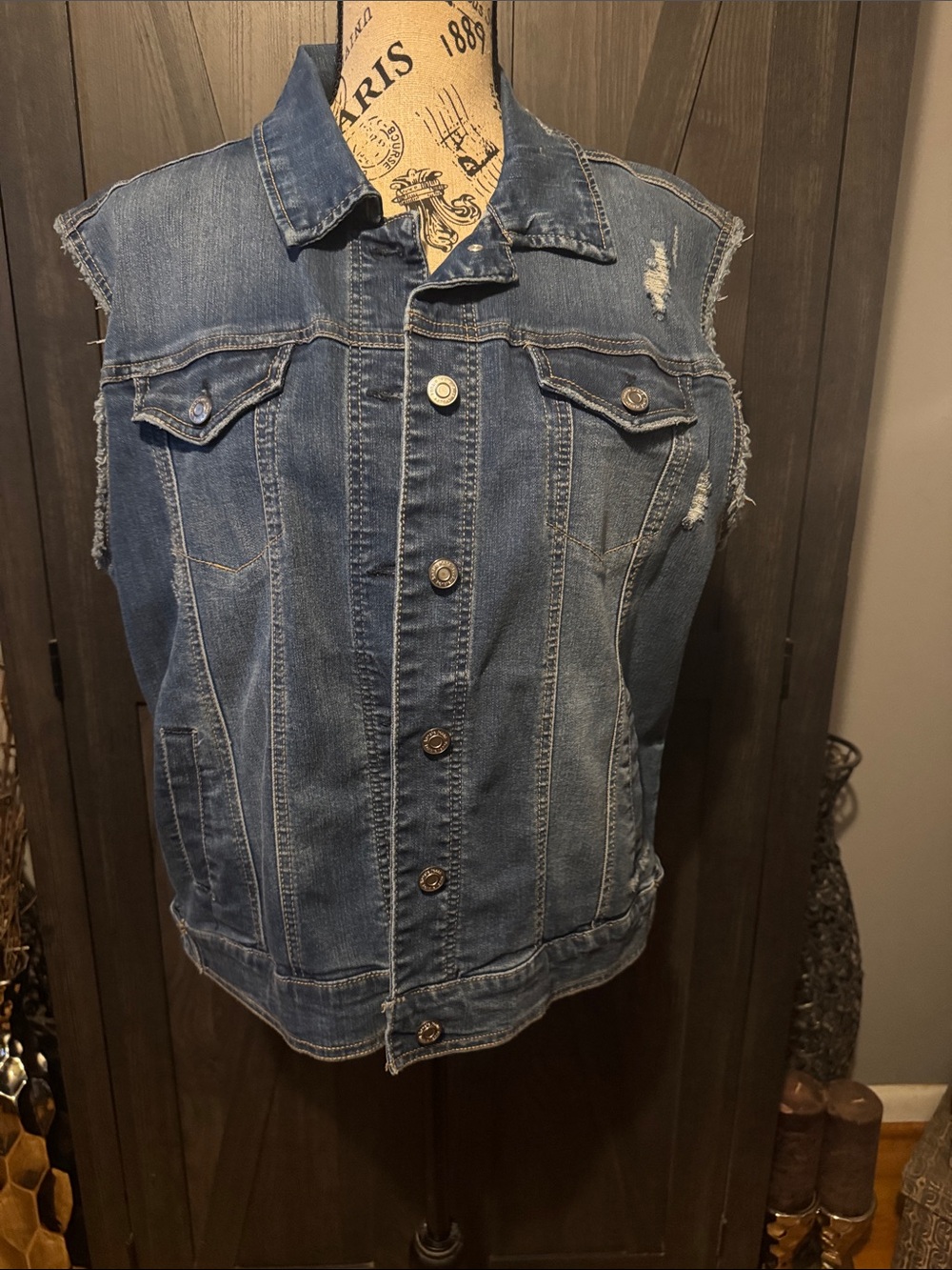 Kensie Blue Distressed Denim Sleeveless Jacket Vest